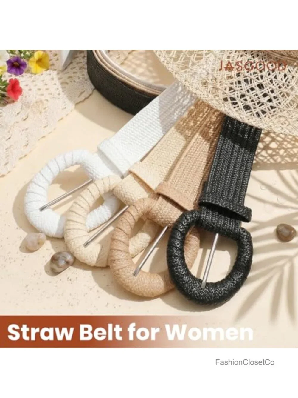 Women's Straw Woven Stretchy Boho Belt with Raffia Rattan Oval Buckle